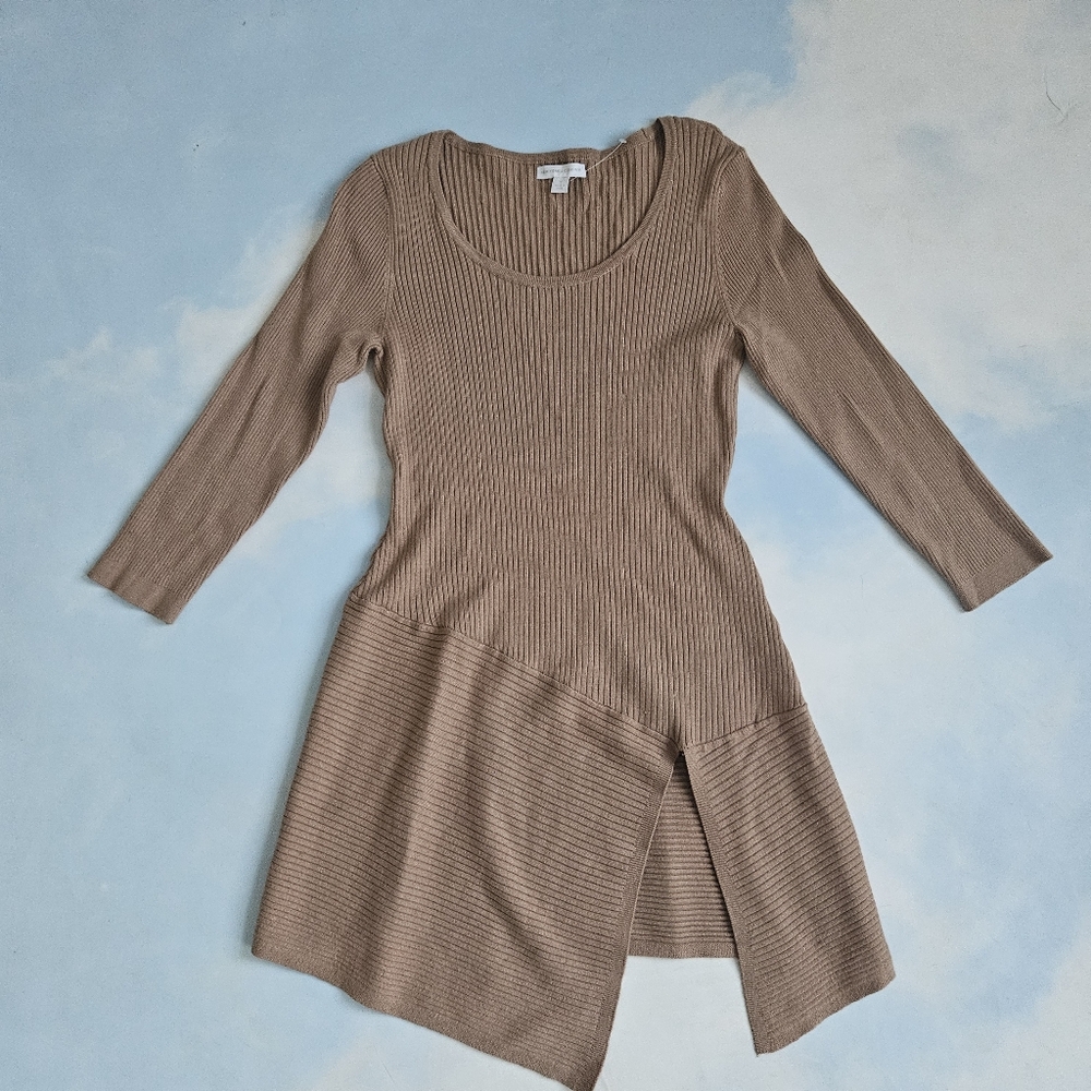 Tan Ribbed Sweater Dress Asymeytrical Dress Tan Ribbed Knit Tunic